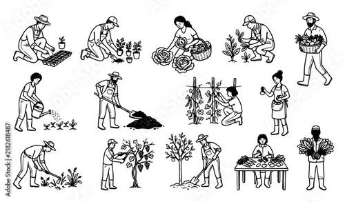 Local farmers agricultural workers doodle vector set for organic farming and plant care