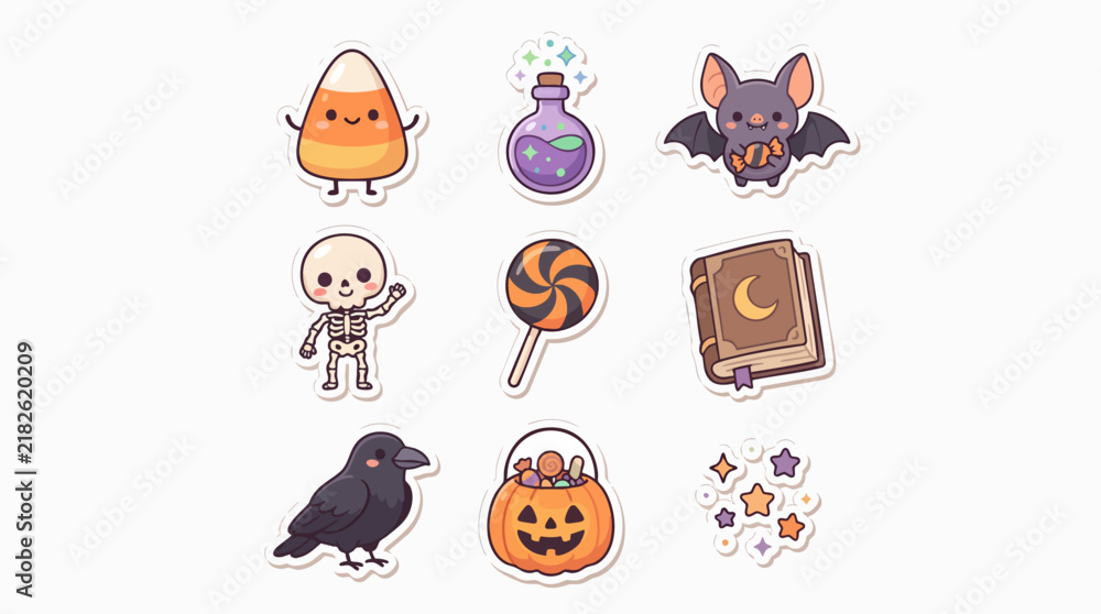 Fototapeta premium Halloween sticker pack with spooky ghosts pumpkins and bats vector illustration set