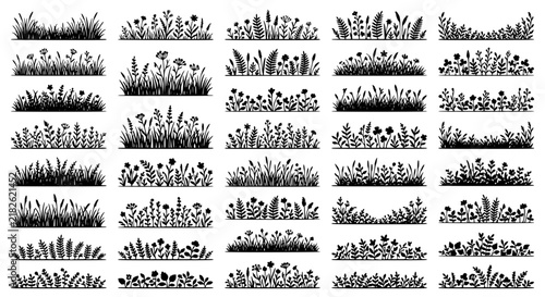 Wildflower and Grass Silhouette Border Vector Icon Set Featuring Meadow Elements Floral Tufts and Botanical Edges for Spring or Summer Nature Graphic Designs