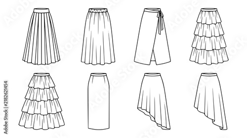 Long Skirt Vector Icon Set Featuring Asymmetric Hemlines Pleated Maxis Multi Tiered Ruffles and Wrap Fashion Flat Technical Drawings for Apparel Design Templates