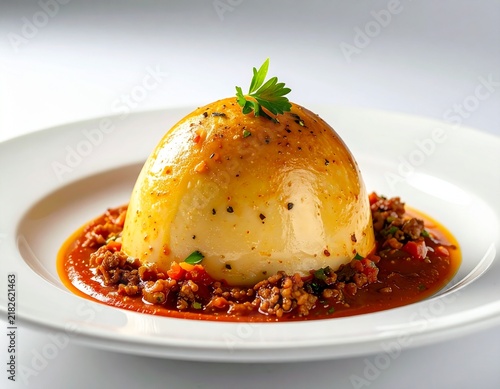 Traditional libyan dome. Authentic Bazeen made of smooth barley dough resting in a rich traditional meat and tomato stew.