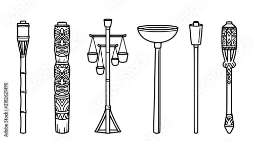 Tribal Tiki Torch Vector Icon Set Featuring Bamboo Garden Stakes Ornate Carved Pillars and Multi Hanging Lantern Posts for Outdoor Event Graphic Designs