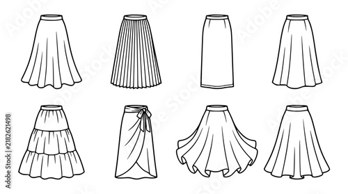 Women Skirt Vector Icon Set Featuring Pleated A-line Tiered Ruffle Wrap and Pencil Silhouette Fashion Technical Drawings for Apparel Design Templates