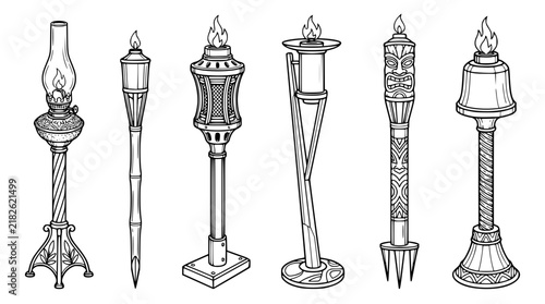 Vintage Torch Vector Icon Set Featuring Antique Kerosene Lamps Ornate Medieval Lanterns Tribal Tiki Torches and Burning Fire Flames for Historic Graphic Designs