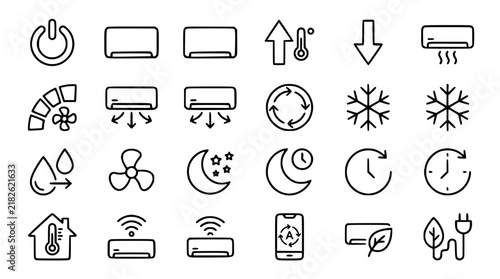 Air Conditioner Remote Control Display Functions and HVAC Climate Settings Line Icon Set for Smart Home Interfaces, Technical Manuals, and Electronic Device Apps
