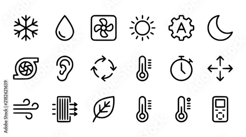 Air Conditioner and Climate Control System Interface Line Icon Set for Smart HVAC Applications, Electronic Device Remote Controllers, and Household Appliance Manuals