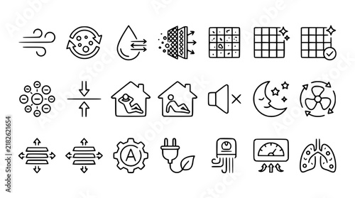 Air Purifier and HVAC Ventilation System Functions Line Icon Set for Climate Control Products, Smart Home Appliance Interfaces, and Healthy Living Concepts