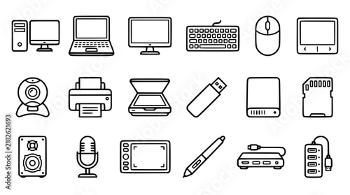 Computer Peripherals and Office Hardware Line Icon Set Featuring Laptops External Storage Scanners Drawing Tablets and Multimedia Equipment Symbols