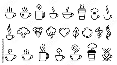 Hot Beverage Mugs and Aroma Smoke Line Icon Collection Featuring Steaming Coffee Cups Takeaway Tumblers and Swirling Vapor Symbols for Coffee Shop Branding