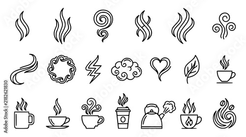 Hot Steam and Coffee Aroma Line Icon Set Featuring Steaming Mugs Tea Cups Boiling Kettles and Swirling Smoke Symbols for Cafe Graphic Branding Layouts