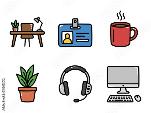 Modern Hand Drawn Office and Workplace Equipment Icon Set