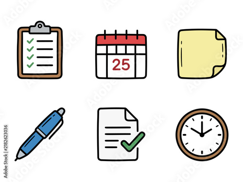 Hand Drawn Business Productivity and Planning Icon Set Doodle Style