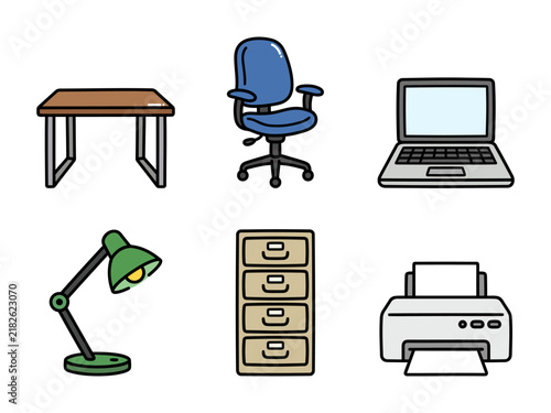 Flat Office Furniture and Equipment Icon Set