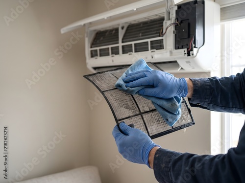 A professional technician cleaning the dusty air conditioner filter with a cloth.