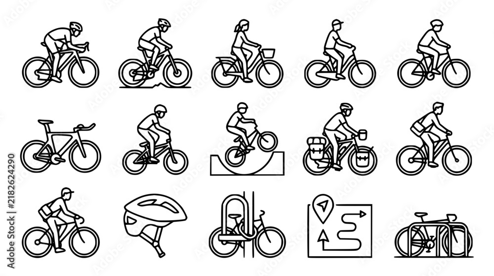 Fototapeta premium Cyclist Riding Diverse Bicycle Types Line Art Icon Collection Featuring Mountain Road Touring BMX Bikes and Urban Cycling Navigation Safety Elements Outlines