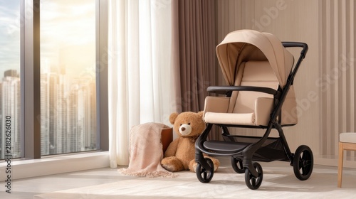 A peaceful interior scene featuring a stroller beside a teddy bear and soft fabrics with sunlight