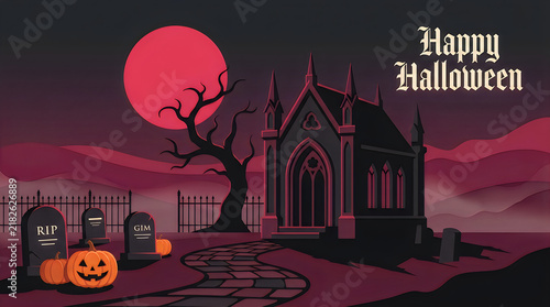 A spooky halloween graveyard scene featuring a glowing red full moon dark mausoleum and a smiling carved pumpkin lantern