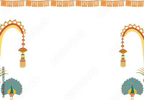 Traditional Indian Peacock Wedding Invitation Border with Decorative Hanging Ornaments and Copy Space