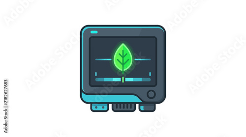 Digital monitor displaying a green leaf, symbolizing eco-friendly technology and sustainability.