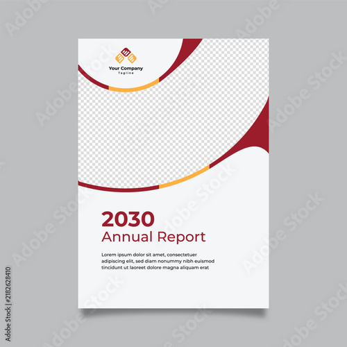 Modern annual report cover template with abstract red and yellow wavy shapes, corporate business flyer layout with copy space for image profile.