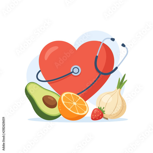 Healthy nutrition and cardiovascular wellbeing represented by fresh organic produce alongside medical monitoring equipment to promote wellness and prevent illness through proper balanced dietary