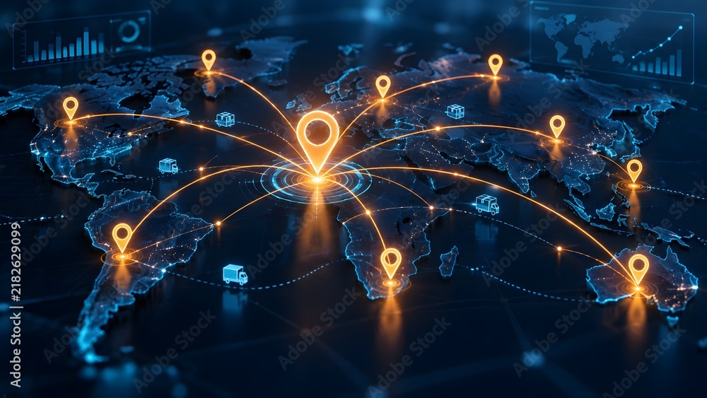 Obraz premium Global logistics and supply chain network concept with a 3D world map connected by glowing lines and location pins symbolizing international delivery.
