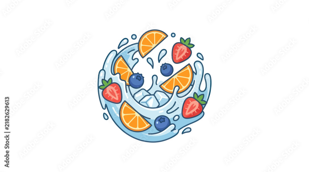 Fototapeta premium Circular fruit water splash with berries and orange.
