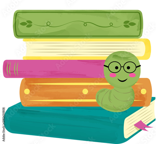 Cuadro en lienzo Cute Bookworm Illustration on Stack of Books