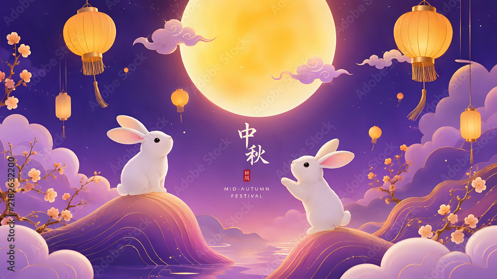 Obraz premium Mid autumn festival scene with rabbits and glowing paper lanterns under a giant full moon