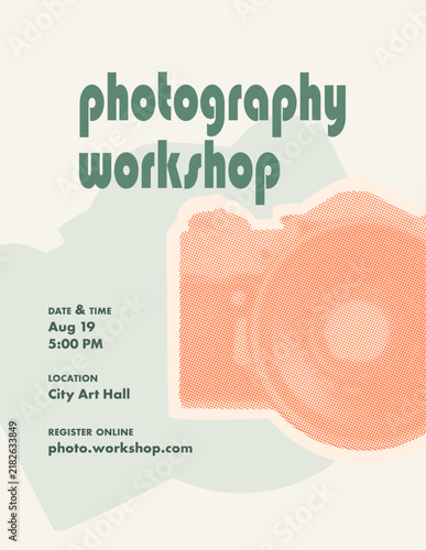 Photography workshop poster layout with retro camera in halftone style