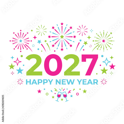 Happy New Year 2027 Banner with Colorful Fireworks and Champagne Toast