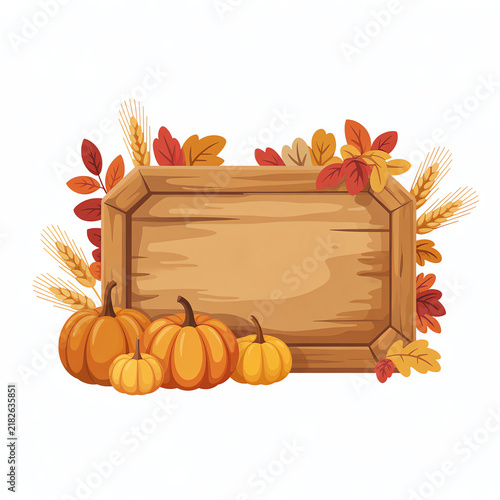 Autumn themed wooden frame with pumpkins and wheat illustration transparent background