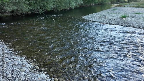 Clear, clean mountain river is flowing in the shallows, pebble islet in the middle of the river riverbank with grass and trees, background