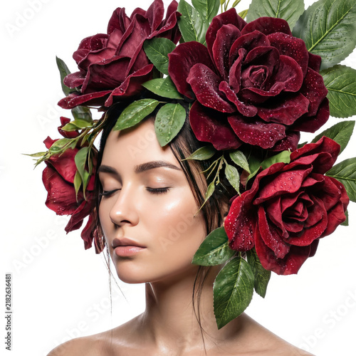 Serene woman adorned vibrant red roses headpiece. Eyes closed