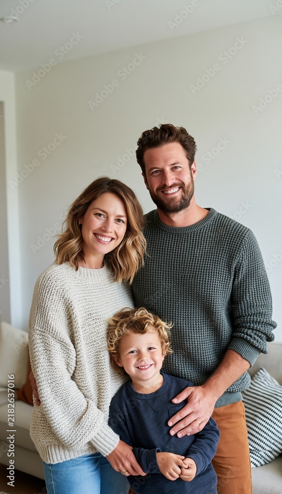 Fototapeta premium Happy family posing together in bright modern living room