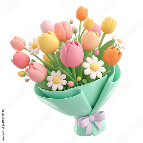 Happy bouquet of colorful tulips and small flower gift