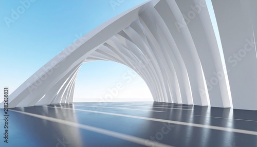 Modern Futuristic White Arched Building with Reflective Floor and Blue Sky