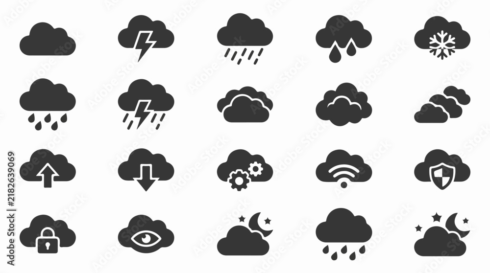 Obraz premium Collection of Black Weather and Cloud Computing Service Icons