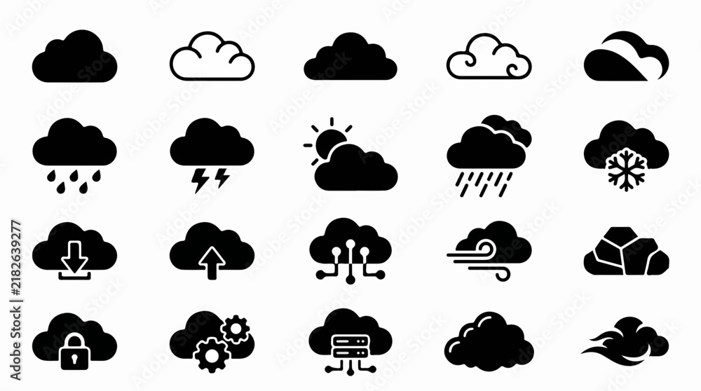 Obraz premium Comprehensive Set of Cloud Weather and Computing Vector Icons