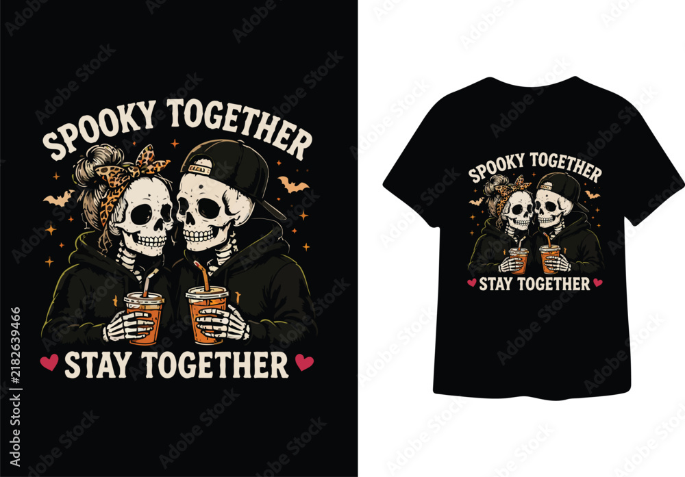 Fototapeta premium Two skeletons drinking iced coffee wearing hoodies graphic art creates romantic spooky together couple design for matching apparel and holiday outfits.
