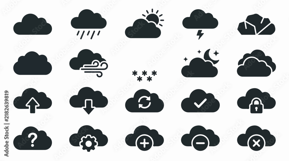 Obraz premium Collection of Minimalist Black Cloud Icons for Weather and Data