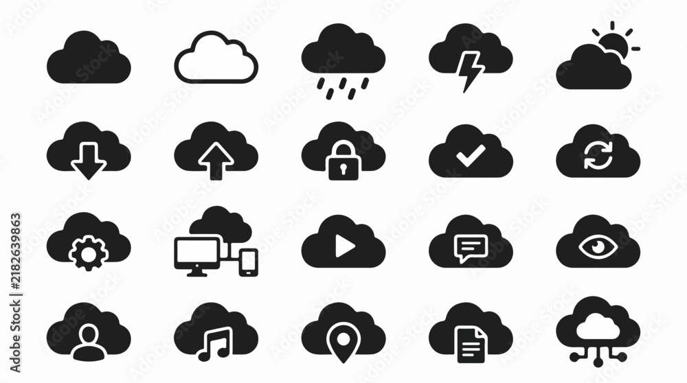 Obraz premium Collection of 20 Black Cloud Computing and Weather Flat Icons