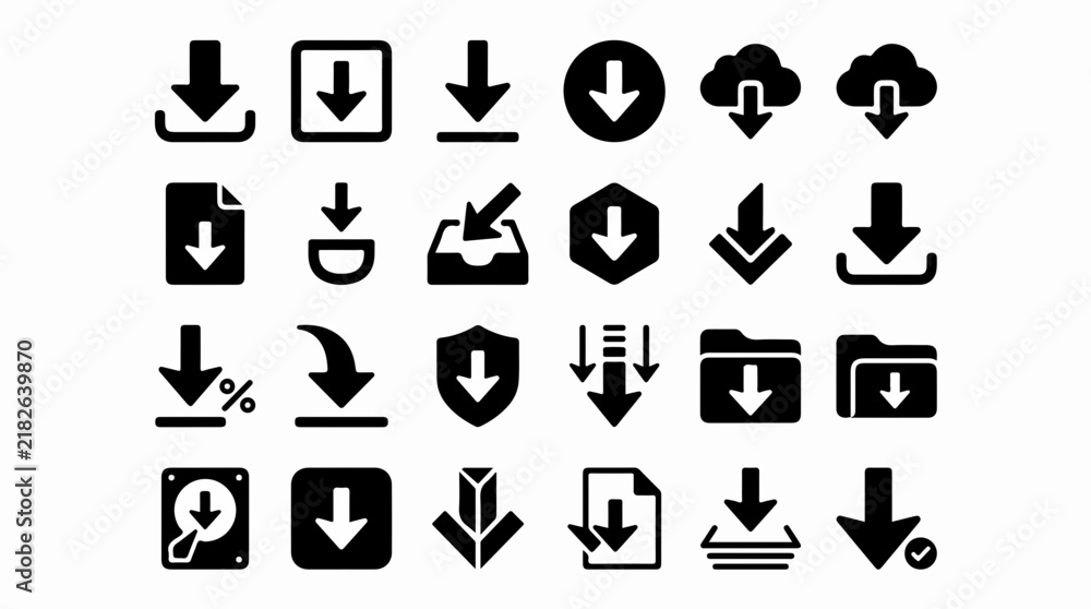 Fototapeta premium Comprehensive Collection of Minimalist Black Download Icon Vectors