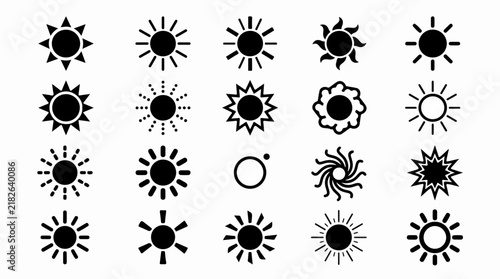 Collection of twenty unique black sun vector icon designs