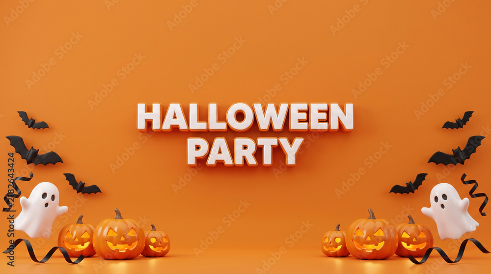 Fototapeta premium Spooky 3D halloween party background on bright orange backdrop featuring glowing jack o lantern pumpkins, flying bats, cute ghosts, and bold text display for autumn celebration