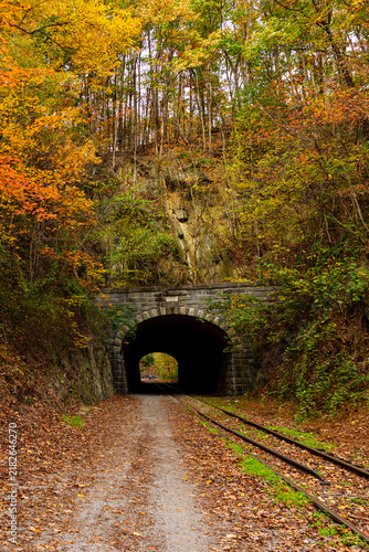 Tunnel entrance surrounded by autumn trees on a quiet path near the railway tracks