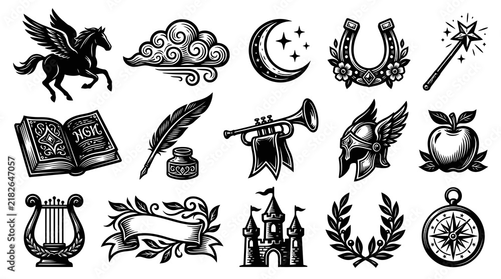 Obraz premium Vintage Engraved Black and White Icon Set - Fantasy and Adventure Symbols