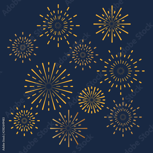 Golden Fireworks on Dark Blue Background, Festive Vector Illustration
