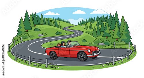Couple driving a classic red convertible sports car on a winding mountain road through green pine forests and hills during a summer road trip vector art.