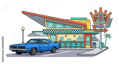 Retro American diner building with a classic blue muscle car parked outside and glowing neon crown sign flat vector illustration art design.